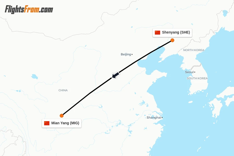 Flights from Shenyang to Mian Yang route map