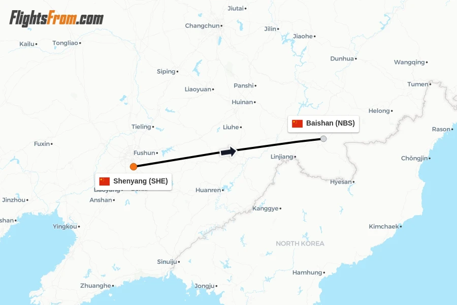 Flights from Shenyang to Baishan route map