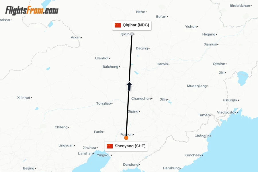 Flights from Shenyang to Qiqihar route map