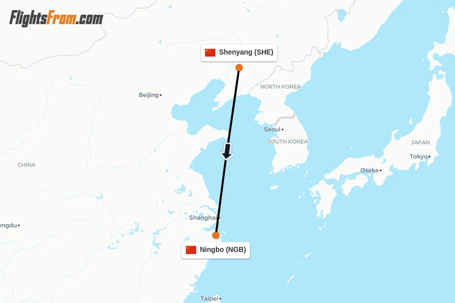 Flights from Shenyang to Ningbo route map