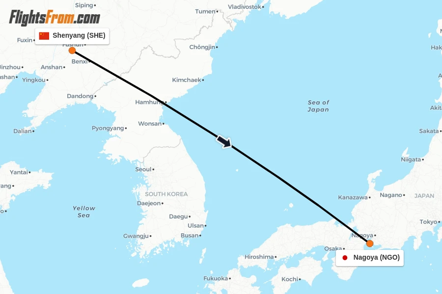 Flights from Shenyang to Nagoya route map