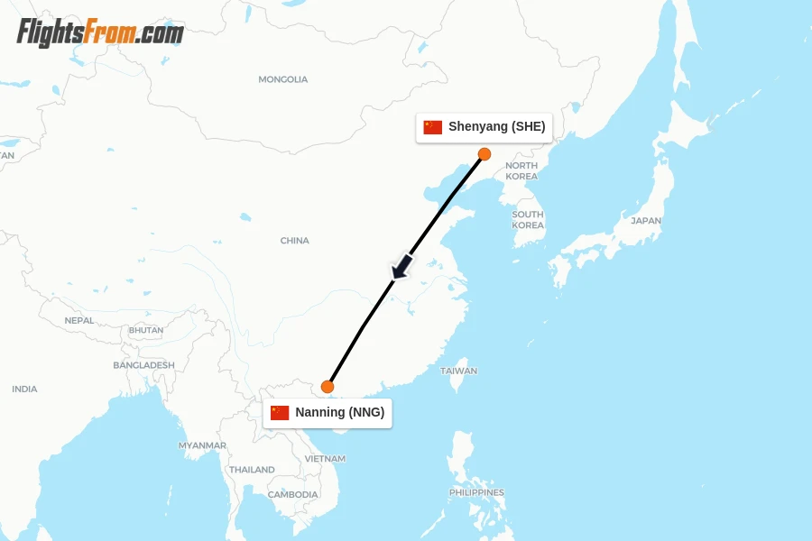 Flights from Shenyang to Nanning route map