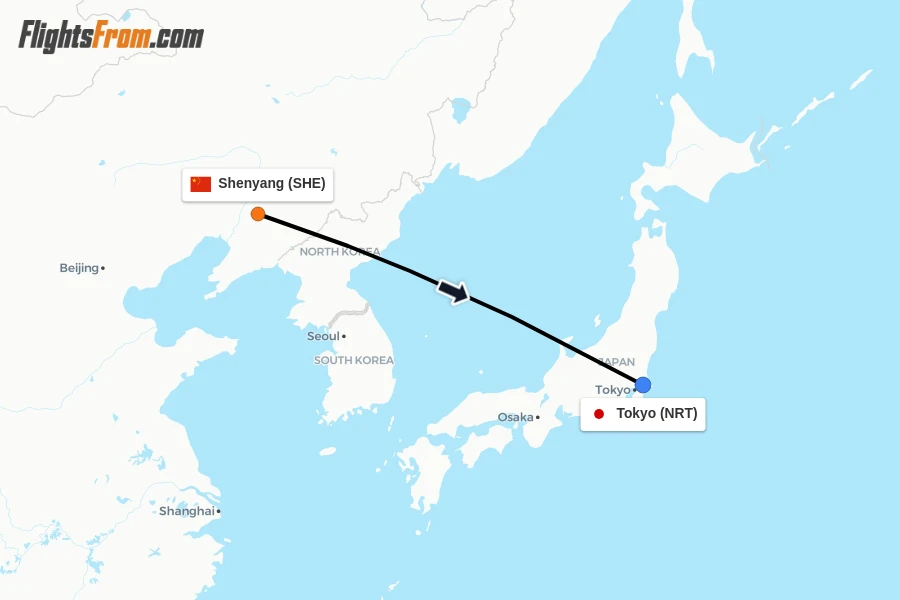 Flights from Shenyang to Tokyo route map
