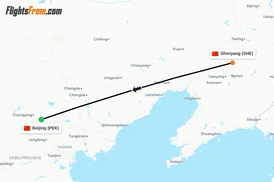 Flights from Shenyang to Beijing route map