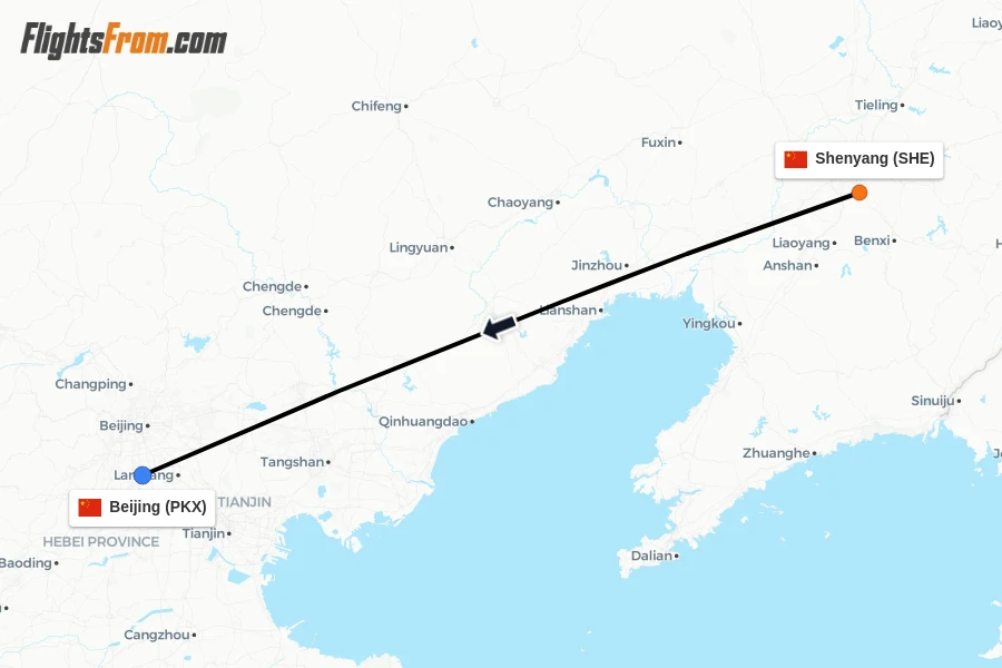 Flights from Shenyang to Beijing route map