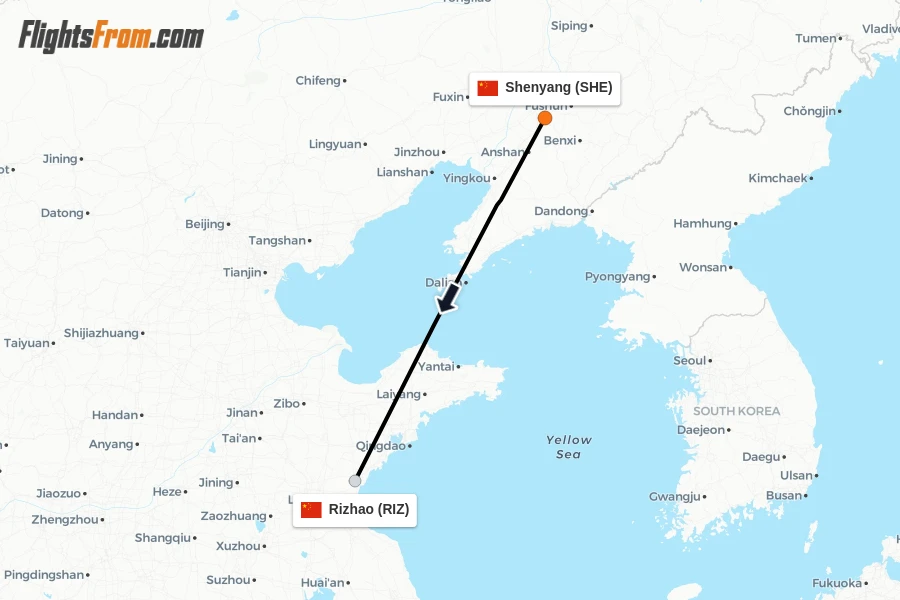 Flights from Shenyang to Rizhao route map