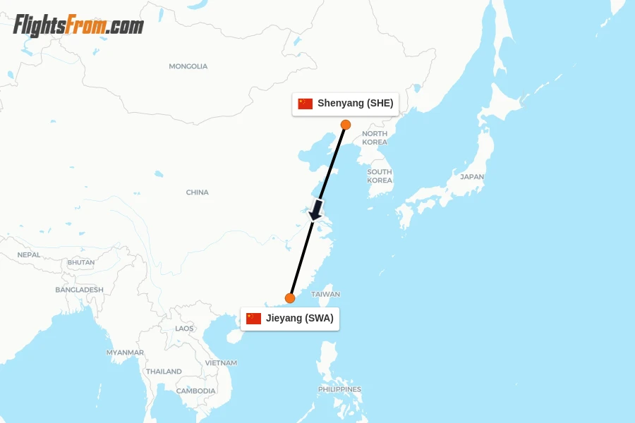 Flights from Shenyang to Jieyang route map