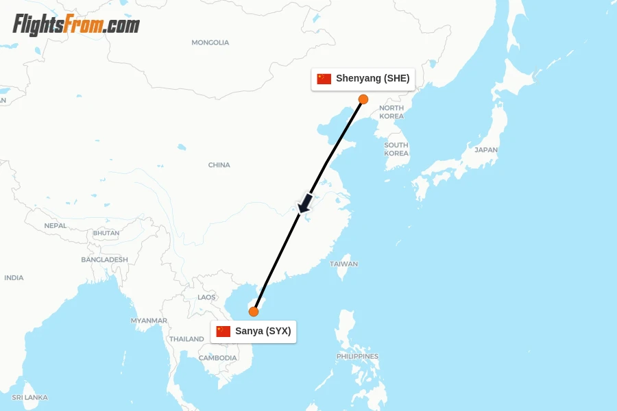Flights from Shenyang to Sanya route map
