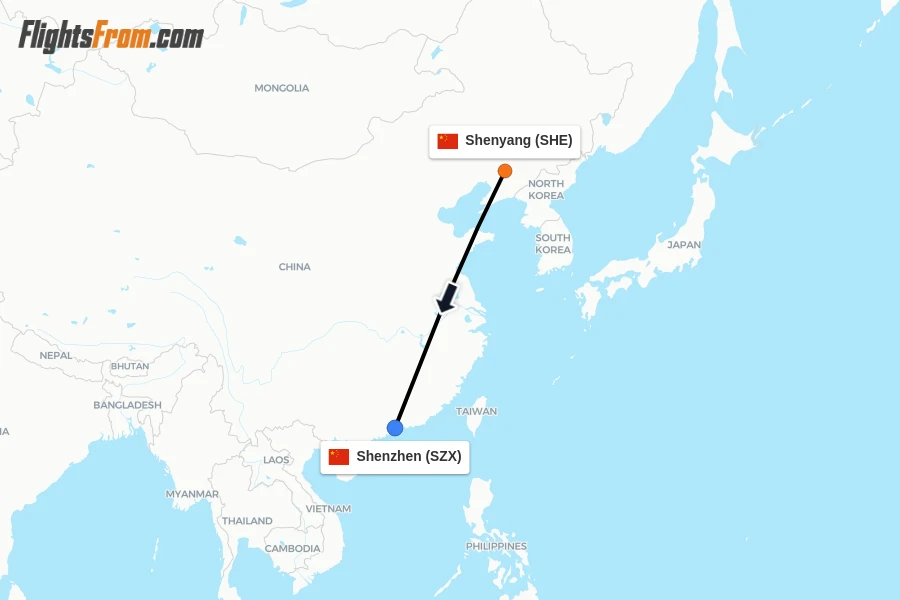 Flights from Shenyang to Shenzhen route map