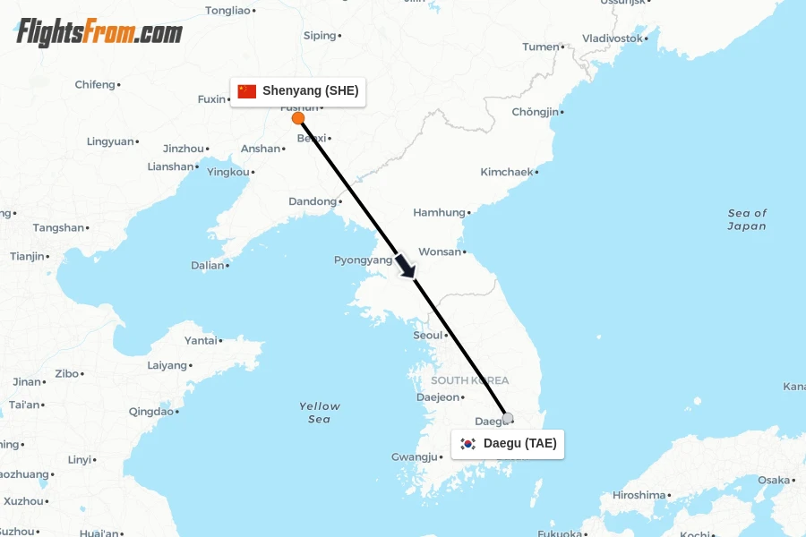 Flights from Shenyang to Daegu route map
