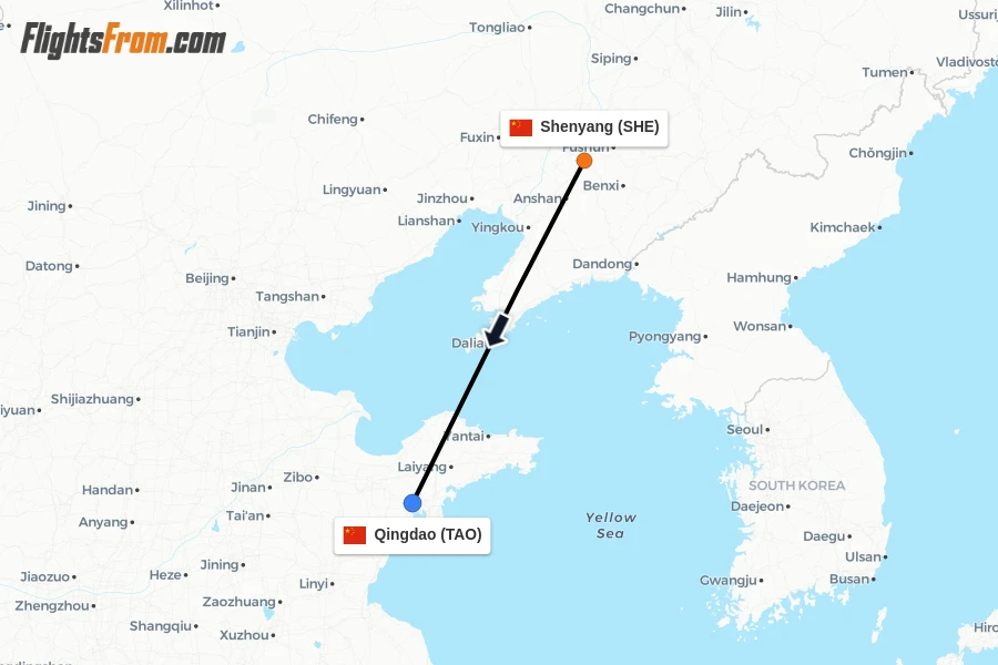 Flights from Shenyang to Qingdao route map