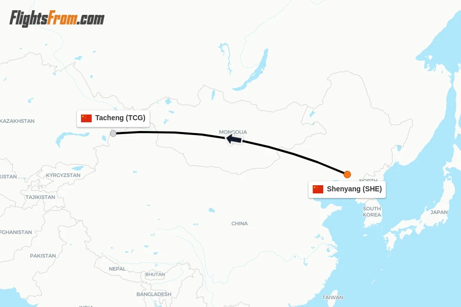 Flights from Shenyang to Tacheng route map