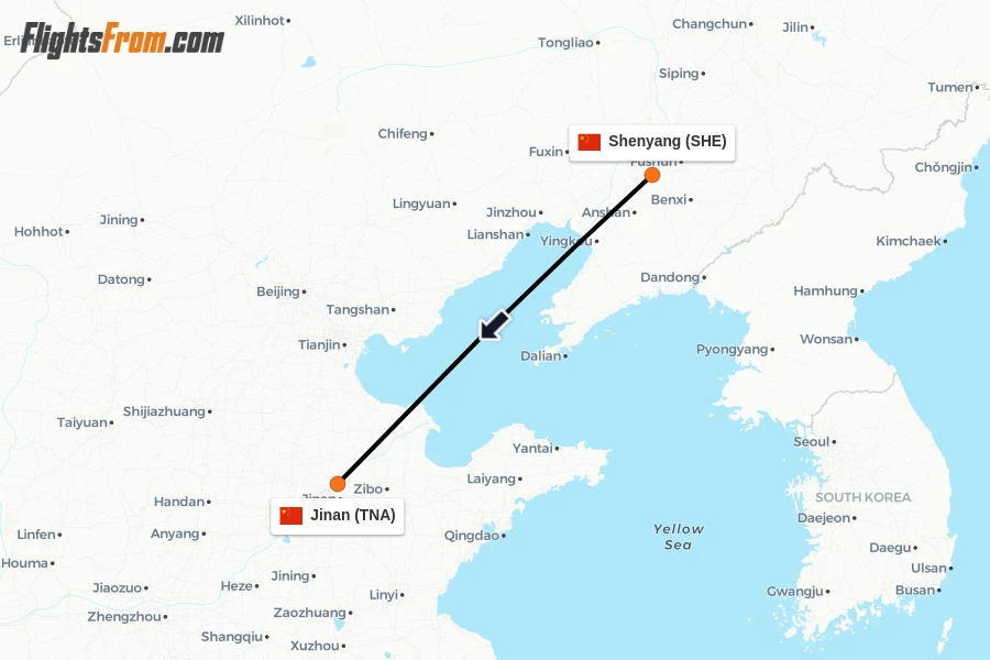 Flights from Shenyang to Jinan route map