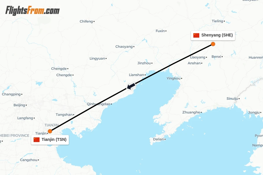 Flights from Shenyang to Tianjin route map