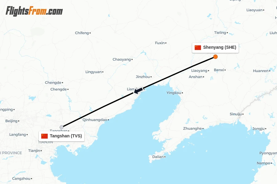 Flights from Shenyang to Tangshan route map