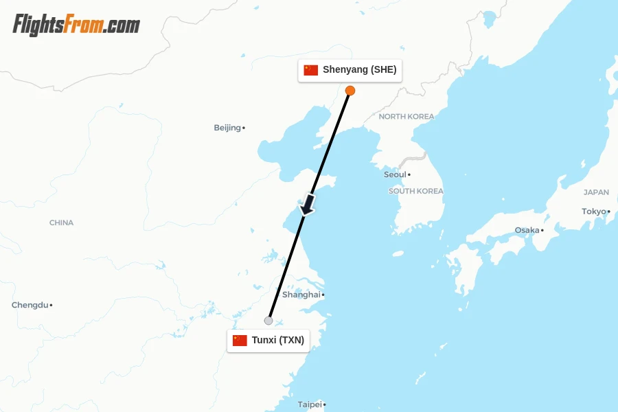 Flights from Shenyang to Tunxi route map