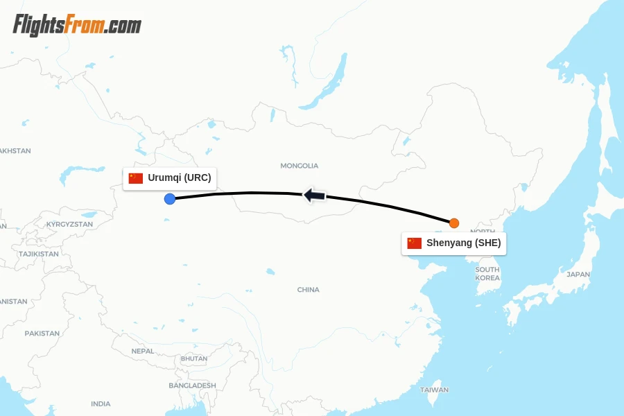 Flights from Shenyang to Urumqi route map