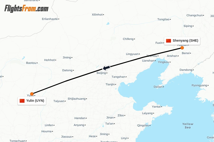 Flights from Shenyang to Yulin route map