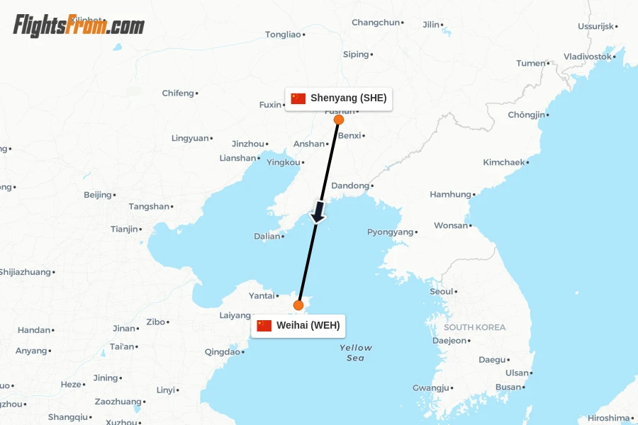 Flights from Shenyang to Weihai route map