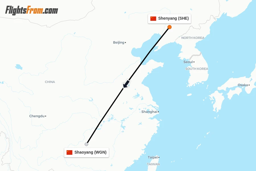 Flights from Shenyang to Shaoyang route map