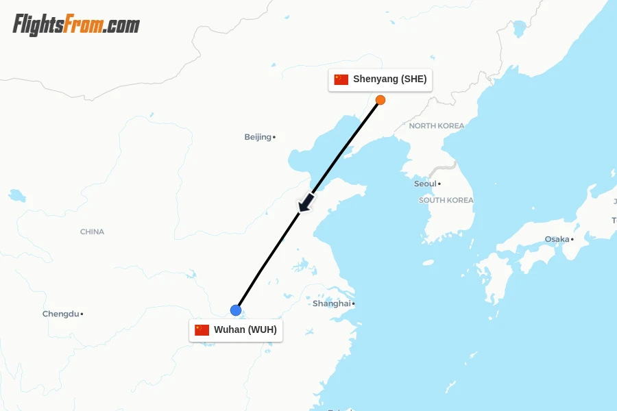 Flights from Shenyang to Wuhan route map
