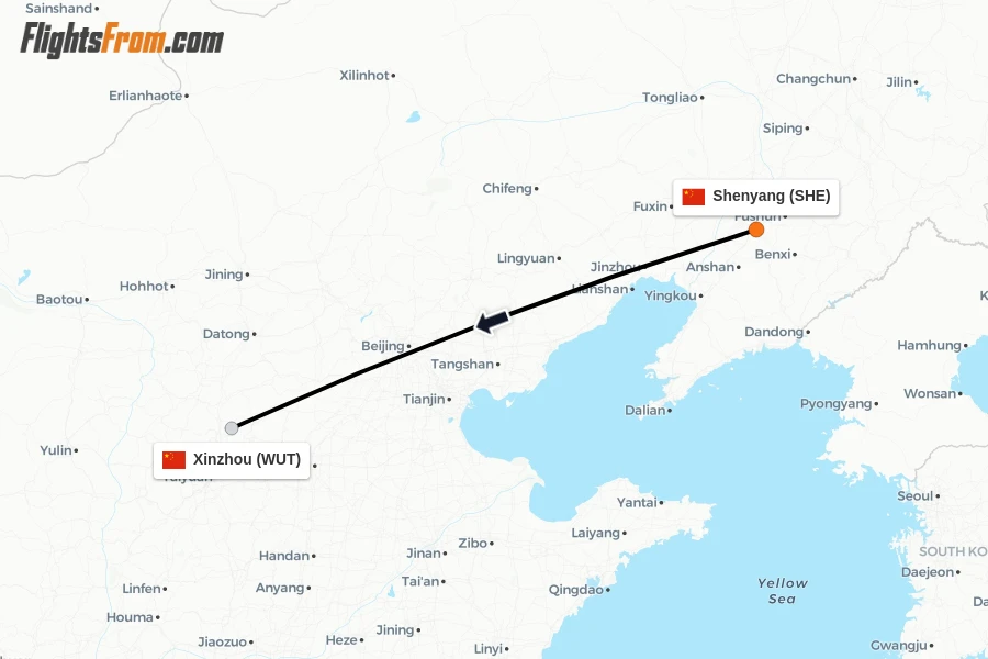Flights from Shenyang to Xinzhou route map
