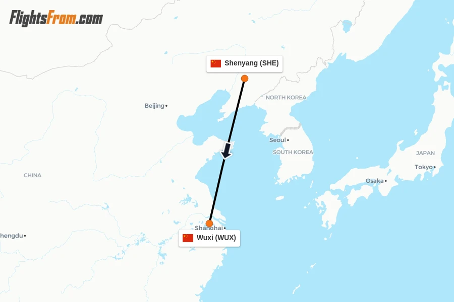 Flights from Shenyang to Wuxi route map