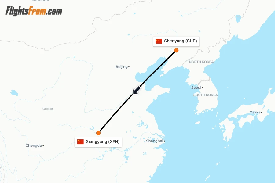 Flights from Shenyang to Xiangyang route map