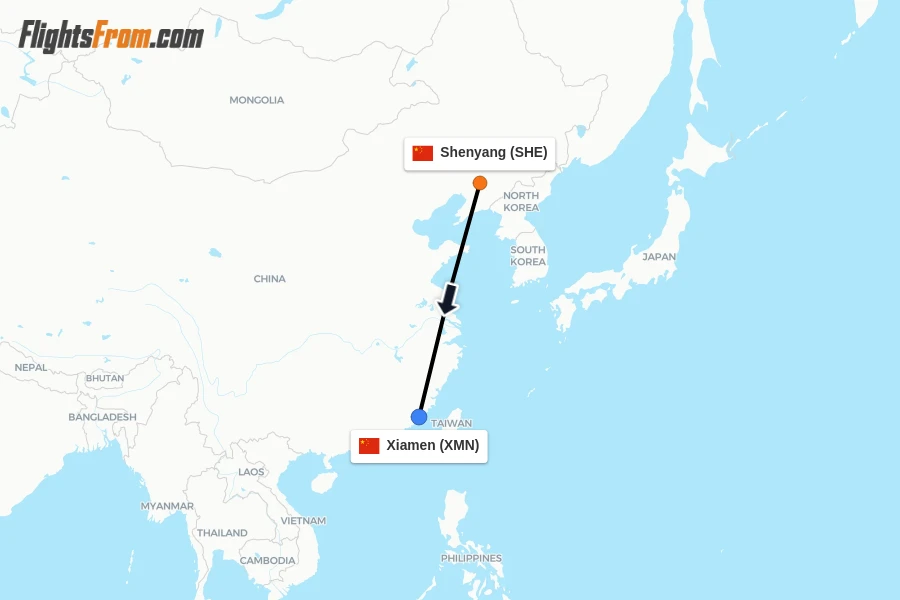 Flights from Shenyang to Xiamen route map