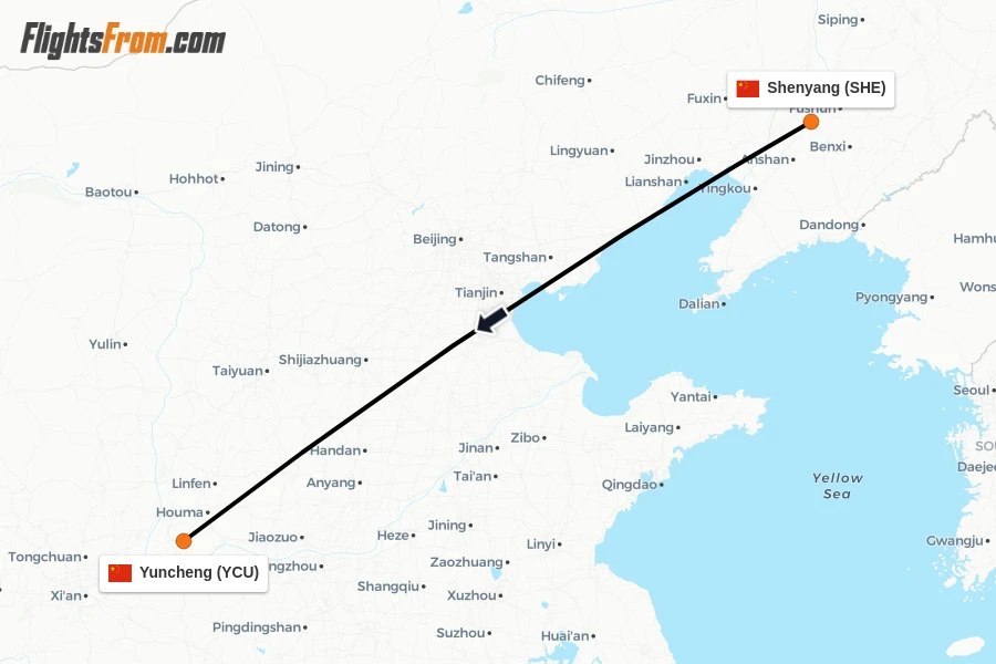Flights from Shenyang to Yuncheng route map
