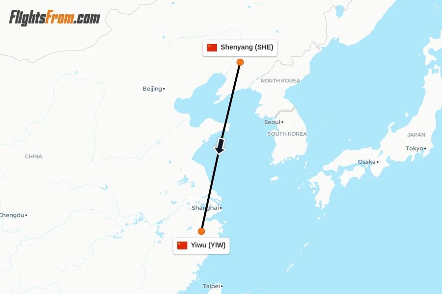 Flights from Shenyang to Yiwu route map