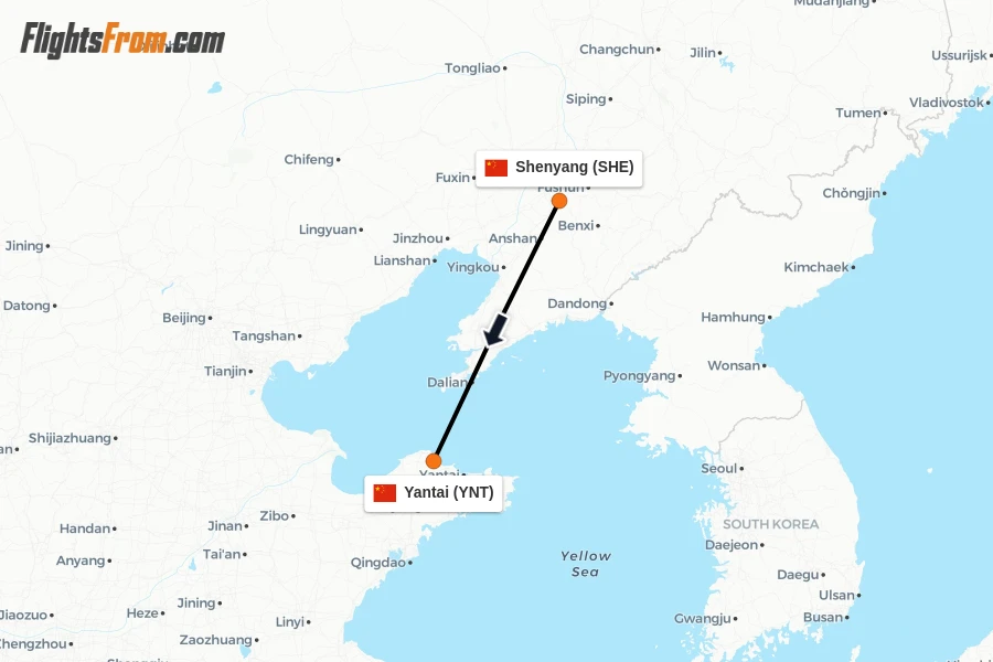 Flights from Shenyang to Yantai route map