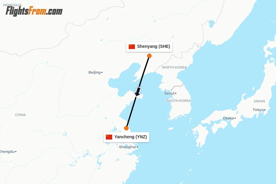 Flights from Shenyang to Yancheng route map