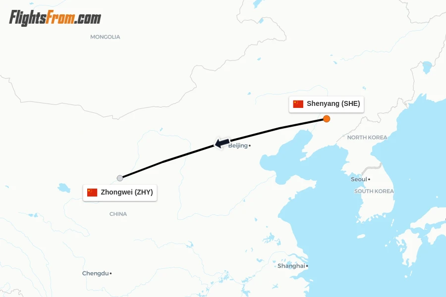 Flights from Shenyang to Zhongwei route map