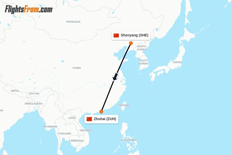 Flights from Shenyang to Zhuhai route map