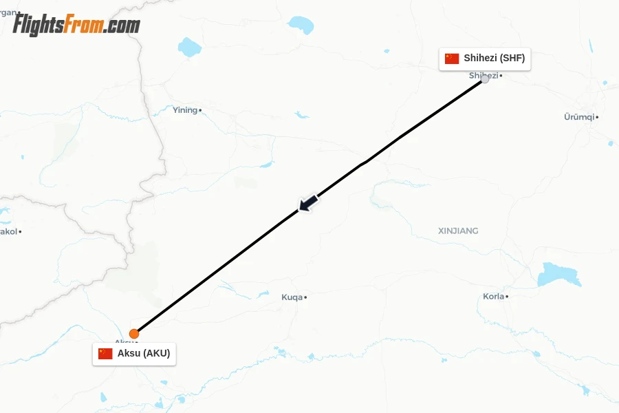 Flights from Shihezi to Aksu route map