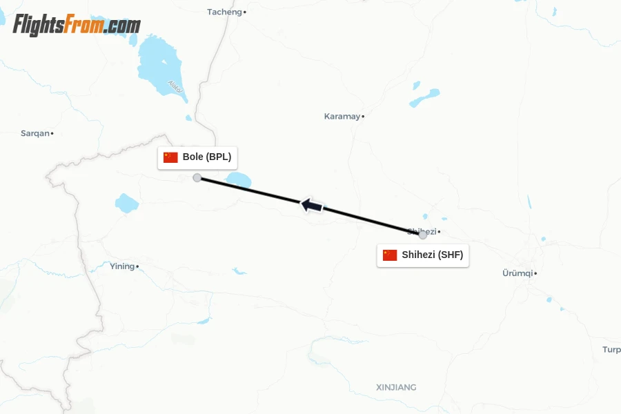 Flights from Shihezi to Bole route map