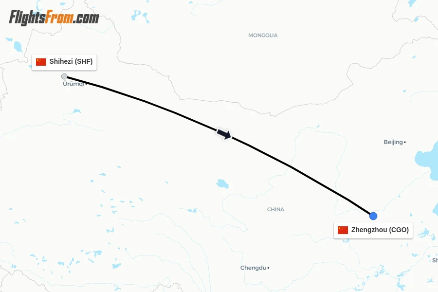 Flights from Shihezi to Zhengzhou route map