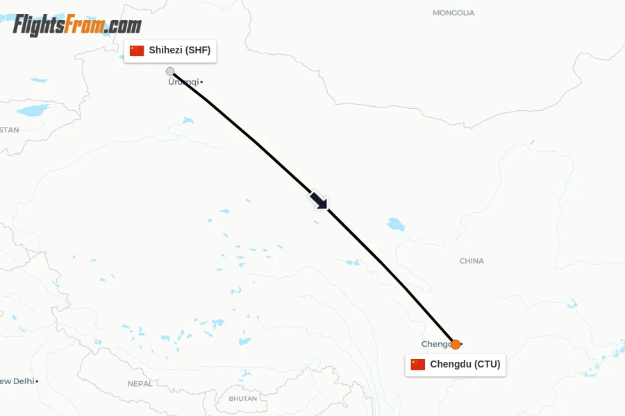 Flights from Shihezi to Chengdu route map