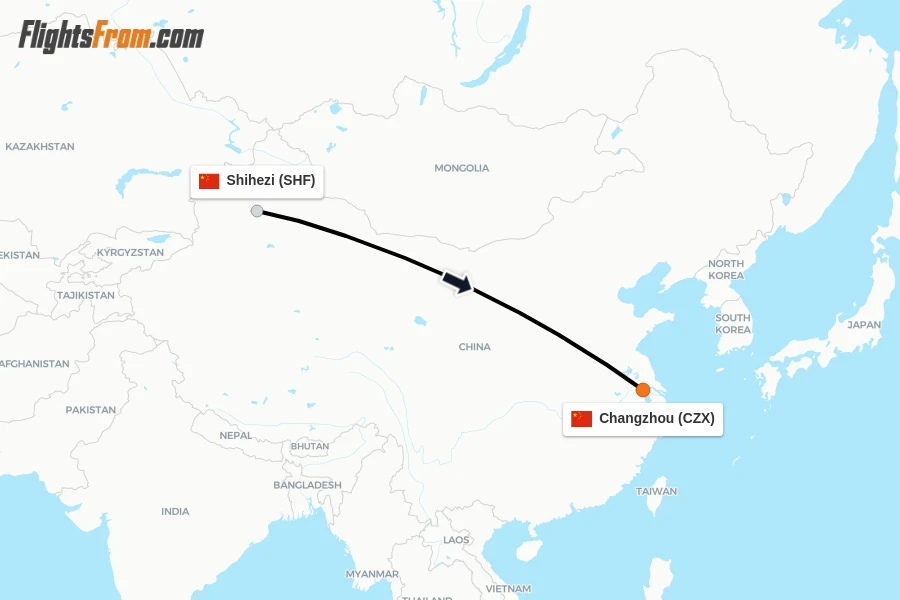 Flights from Shihezi to Changzhou route map