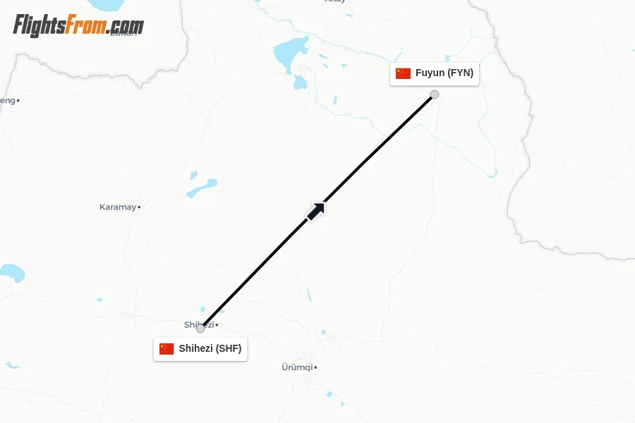 Flights from Shihezi to Fuyun route map
