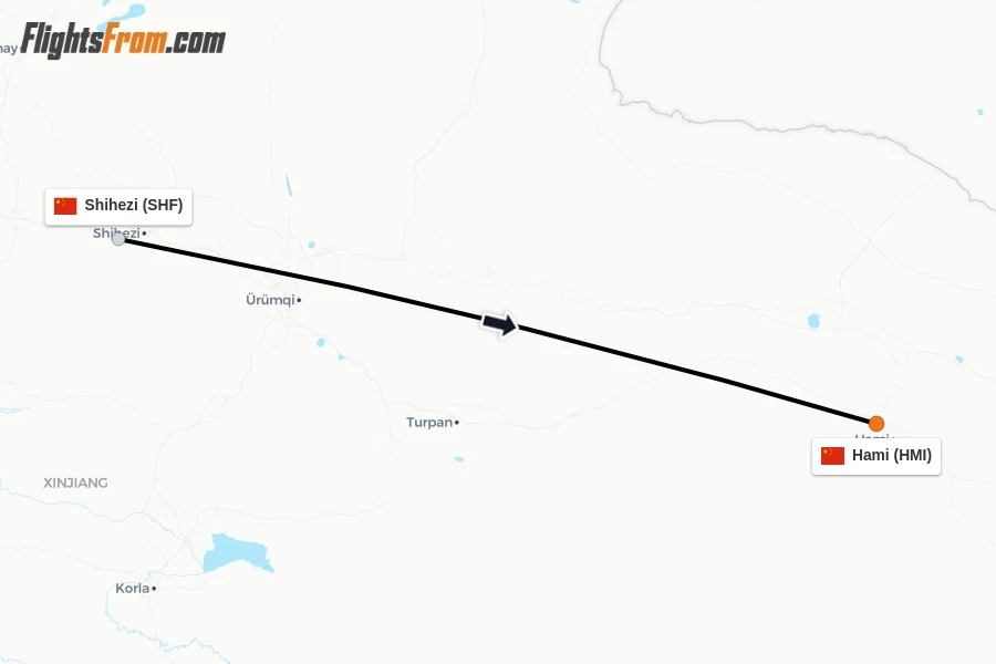 Flights from Shihezi to Hami route map