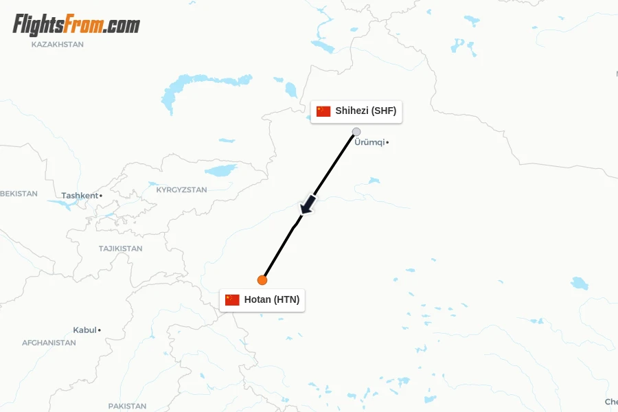Flights from Shihezi to Hotan route map