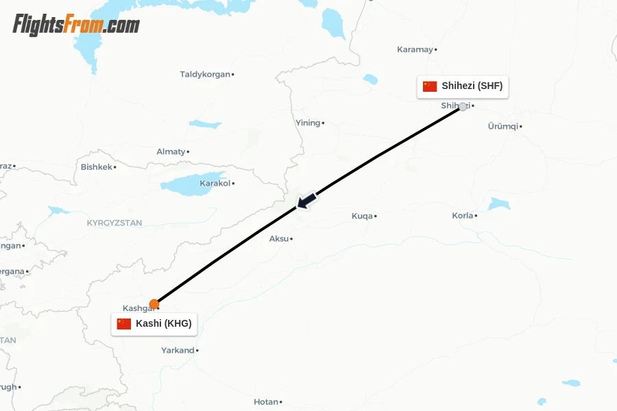 Flights from Shihezi to Kashi route map