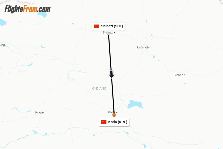 Flights from Shihezi to Korla route map