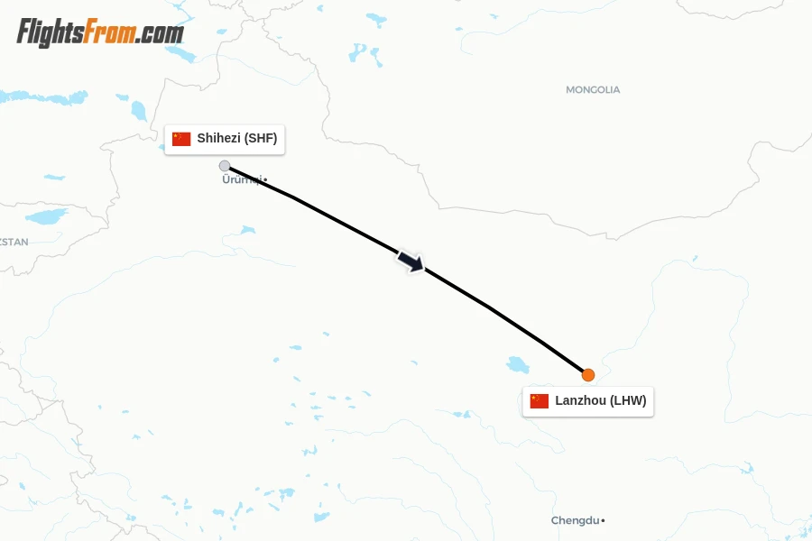 Flights from Shihezi to Lanzhou route map