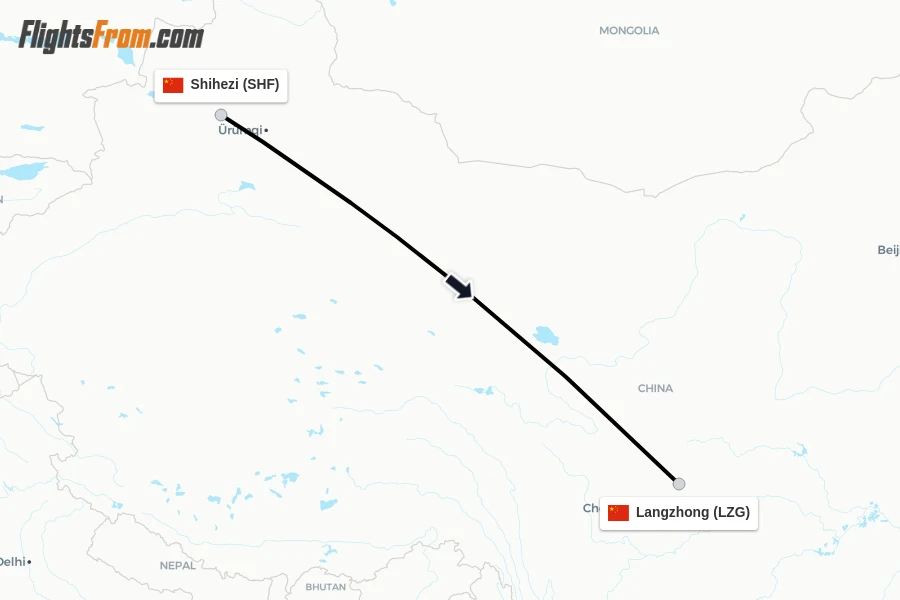 Flights from Shihezi to Langzhong route map