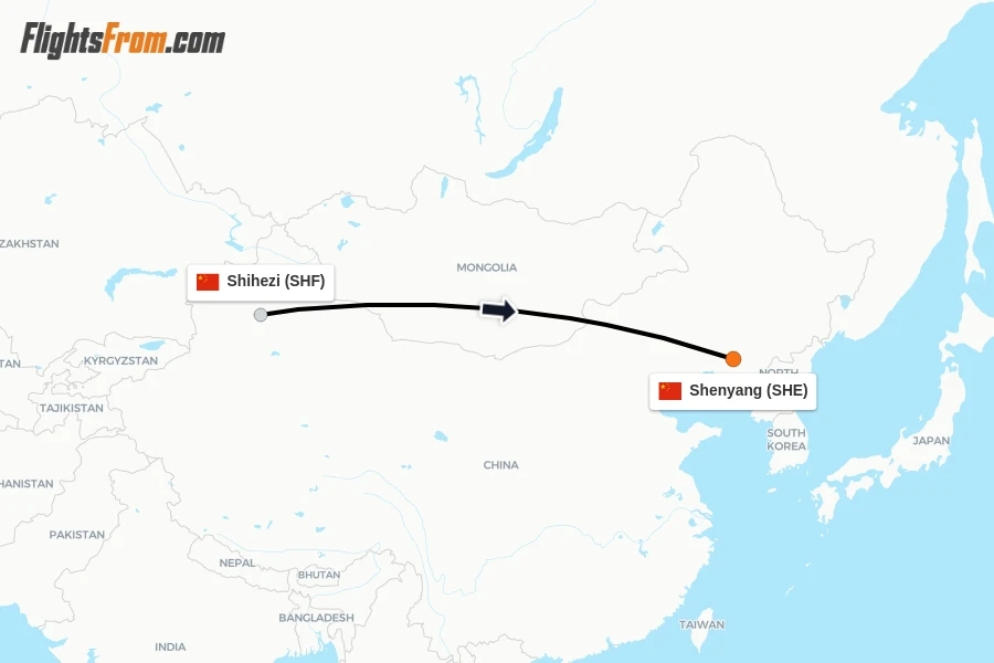 Flights from Shihezi to Shenyang route map