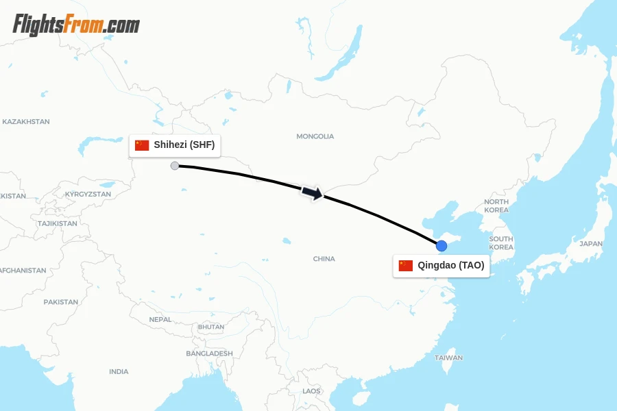 Flights from Shihezi to Qingdao route map