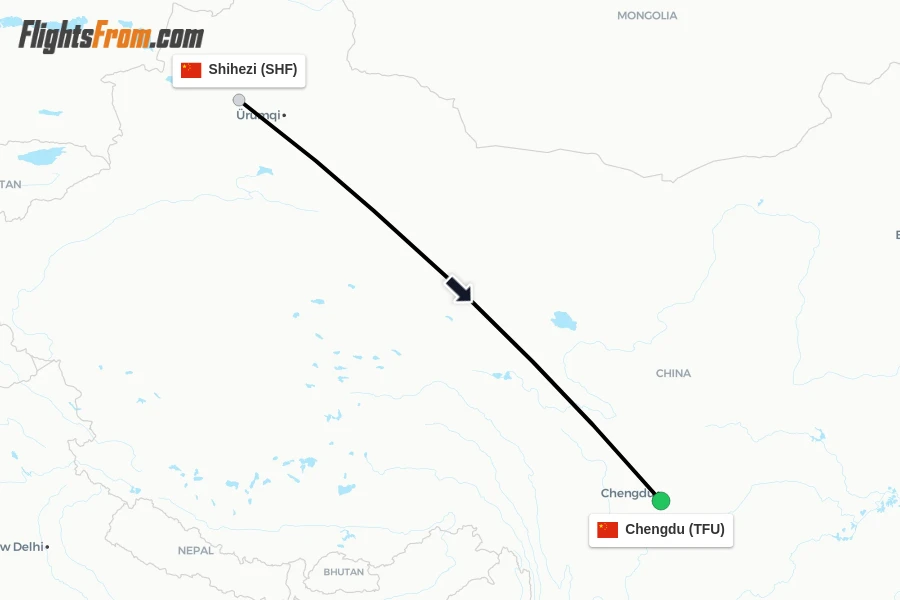 Flights from Shihezi to Chengdu route map